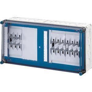 Eine elektrische Wanddose mit mehreren Fächern, mit blauem und grauem Design zur Organisiereung und Sicherung von Verdrahtungsverbindungen.