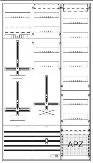 Elektronisches Schaltdiagramm mit verschiedenen Komponenten, einschließlich Verbindungsstücken, Schiebereglern und mehreren gekennzeichneten Abschnitten, die komplexe Wechselwirkungen anzeigen.