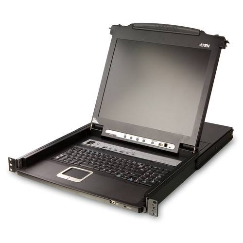 Aten LCD KVM Konsole mit integrierter Tastatur und Touchpad, konzipiert für die Serververwaltung und platzsparende Installation in Serverracks.