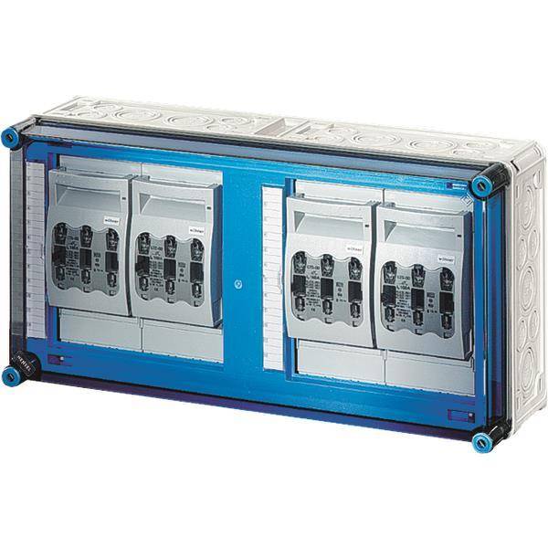 Eine modulare blau-graue elektrische Verteilerdose mit mehreren Fächern, die zum Montieren und Unterbringen von Schaltungskomponenten ausgelegt ist.