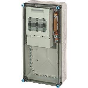 Elektrischer Verteilerkasten, rechteckig mit transparenter Abdeckung, zeigt Schalterplätze für Leitungsschutzschalter, vertikal positioniert, einfaches Design.