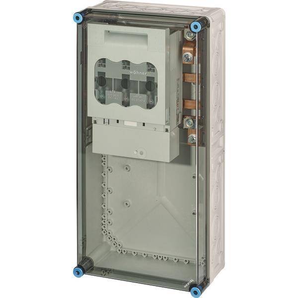 Eine transparente elektrische Verteilerdose mit sichtbaren internen Komponenten und Verdrahtung, entworfen zur Organisation und zum Schutz elektrischer Verbindungen.