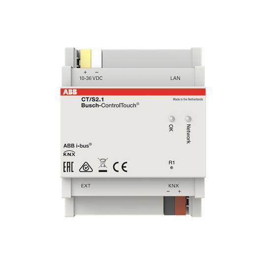 Vorderansicht eines Busch-ControlTouch KNX-Geräts mit Branding, Anzeigelichtern und Konnektivitätsanschlüssen für die Hausautomation.