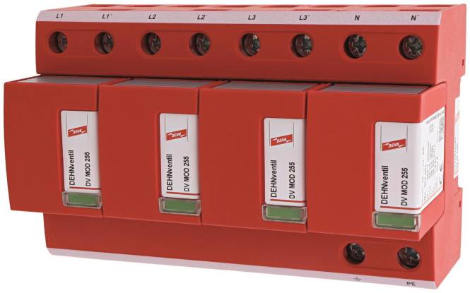 DEHNventil DV M TNC 255' Überspannungsableiter, rot und weiße Einheiten gestapelt, gekennzeichnet mit L1, L2, L3 für elektrische Schaltungen.