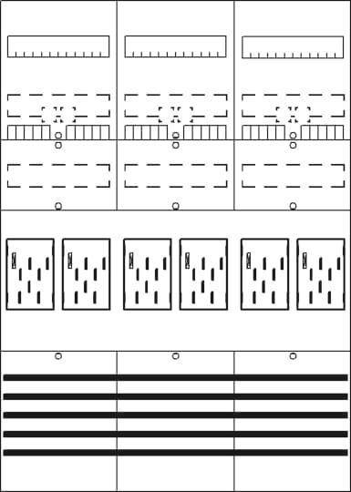 Schaltschema mit fünf elektrischen Schaltern mit Anzeigeleisten oben und fünf zugehörigen Leitungsschutzschaltern unten, die in Elektroverteilern verwendet werden.