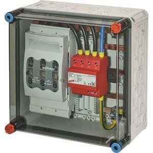 Ein elektrisches Schaltschrank mit Leitungsschutzschaltern und Verkabelung, bestehend aus einem roten Überspannungsschutz und Komponenten mit der Bezeichnung 