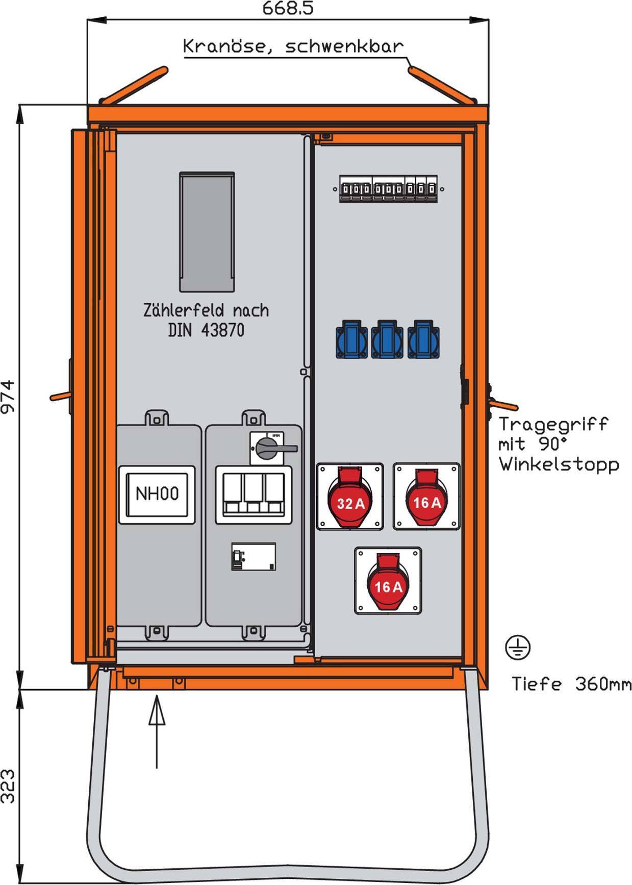 Walther Anschlussverteiler WAV0100R1 22kVA ZÃ¤hlerpl.RCD Typ B 5 LS 3 CEE-Abg Install.Baumaterial