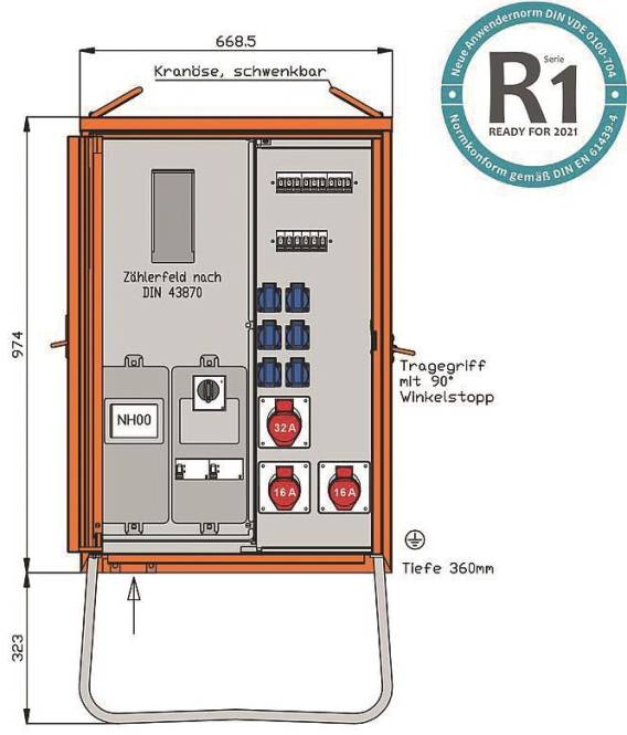Walther Anschl.vert.schrank WAV0131R1 44kVA Zählerpl.RCD Typ B u.RCD Typ A 9 Install.Baumaterial