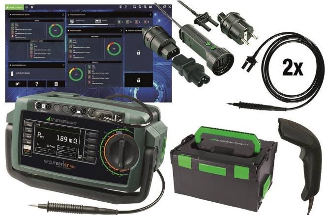 Elektronische Testausrüstung mit verschiedenen Kabeln und Steckverbindern, einem digitalen Display mit Messwertanzeige und einem schützenden Transportkoffer.