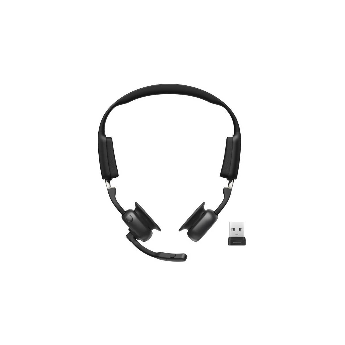 Schwarzes, Over-Ear-Wireless-Headset mit Mikrofon und USB-Dongle, von vorne gezeigt. Geeignet für Kommunikation oder Gaming.