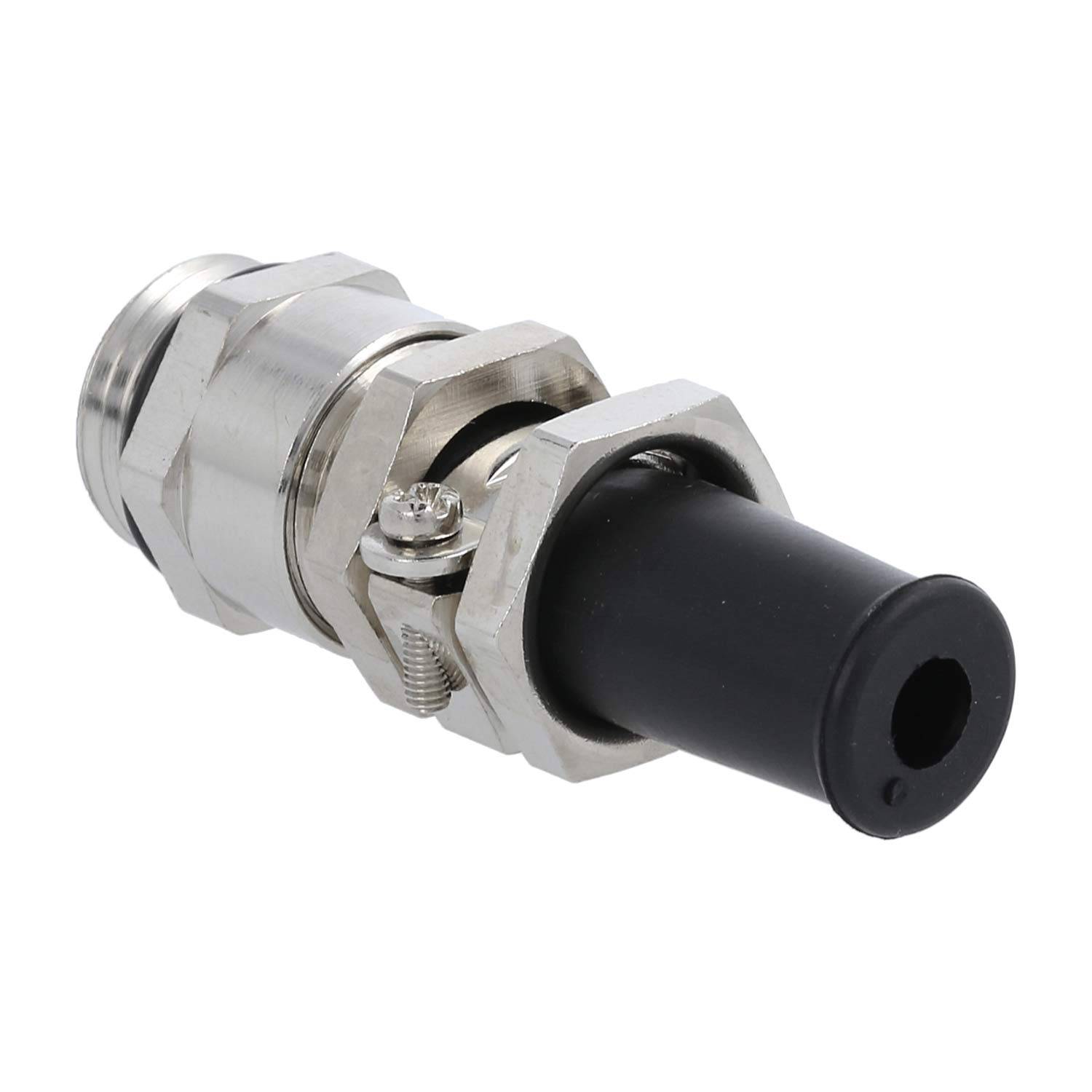 Eine Kabelverschraubung aus Metall mit schwarzer Beschichtung, die zur Sicherung und Abdichtung von Kabeln bei elektrischen Installationen durch Gehäuse dient.