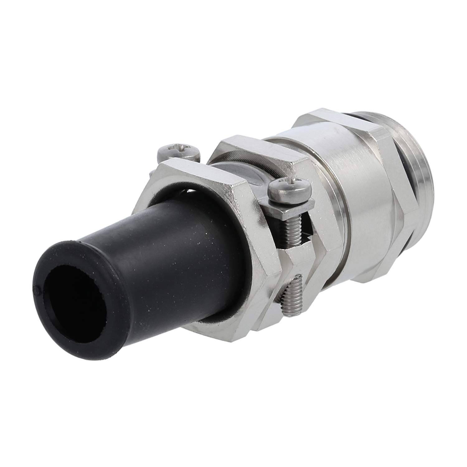 Kabelverschraubung mit Metallgehäuse und schwarzem Gummidichtring, entwickelt zur Befestigung von Kabeln an elektrischen Geräten und zur Gewährleistung von Sicherheit und Langlebigkeit.