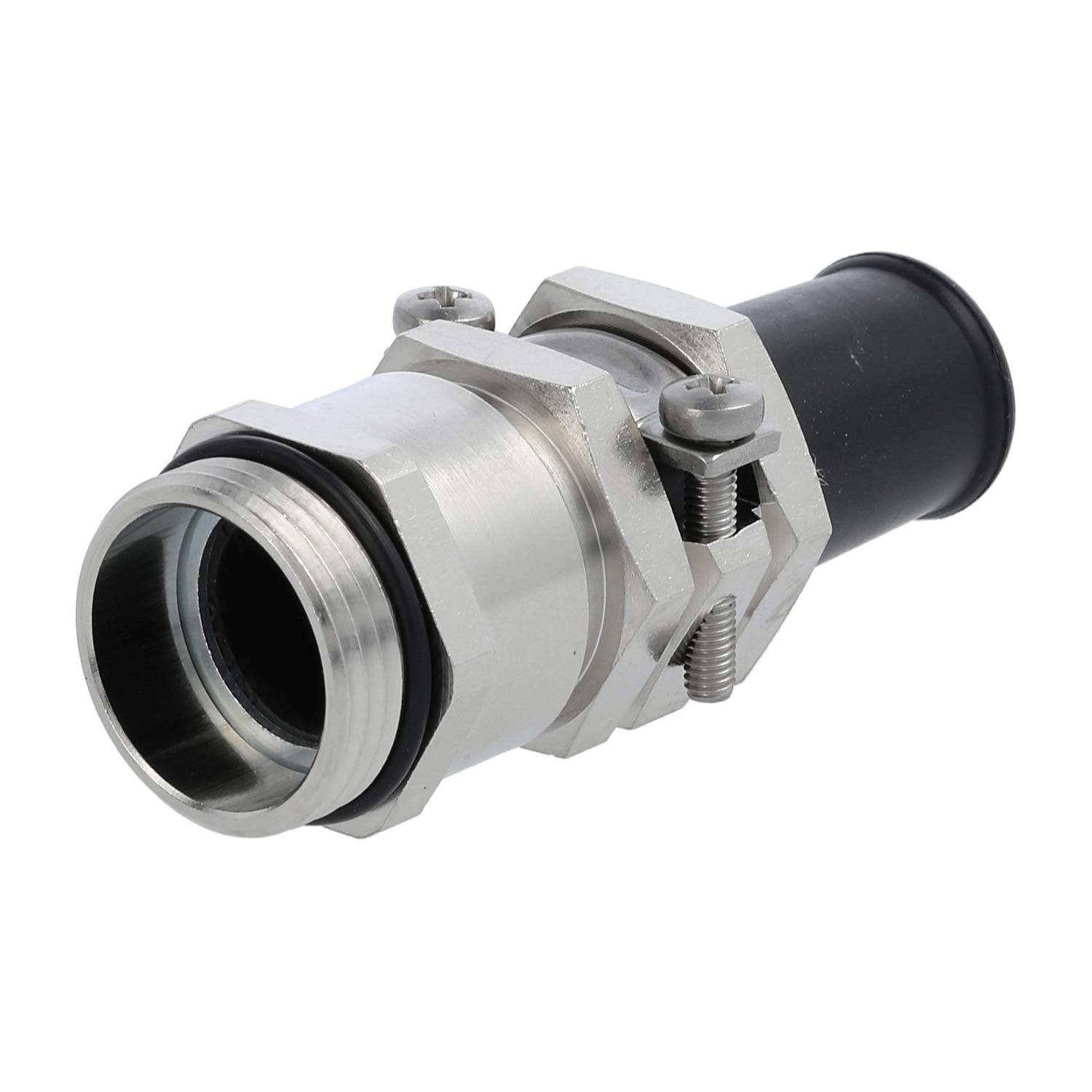 Eine Kabelverschraubung aus Metall mit Gewinde und Gummidichtung, die zum Sichern von Kabeln, zur Zugentlastung und zum Aufrechterhalten des Schutzgrades verwendet wird.