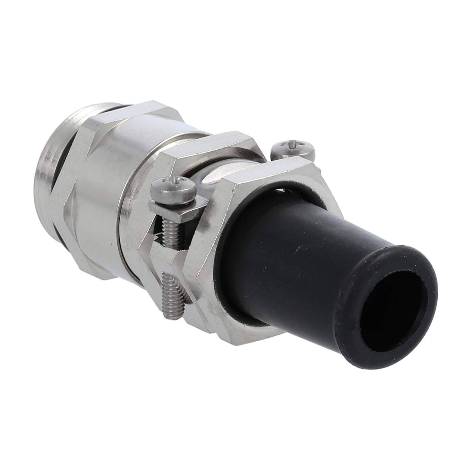 Metallischer Leitungsverbinder mit einer Gummidichtung, mit sichtbaren Gewinden und Sechskantmuttern, verwendet zum Befestigen von elektrischen Rohrleitungen.