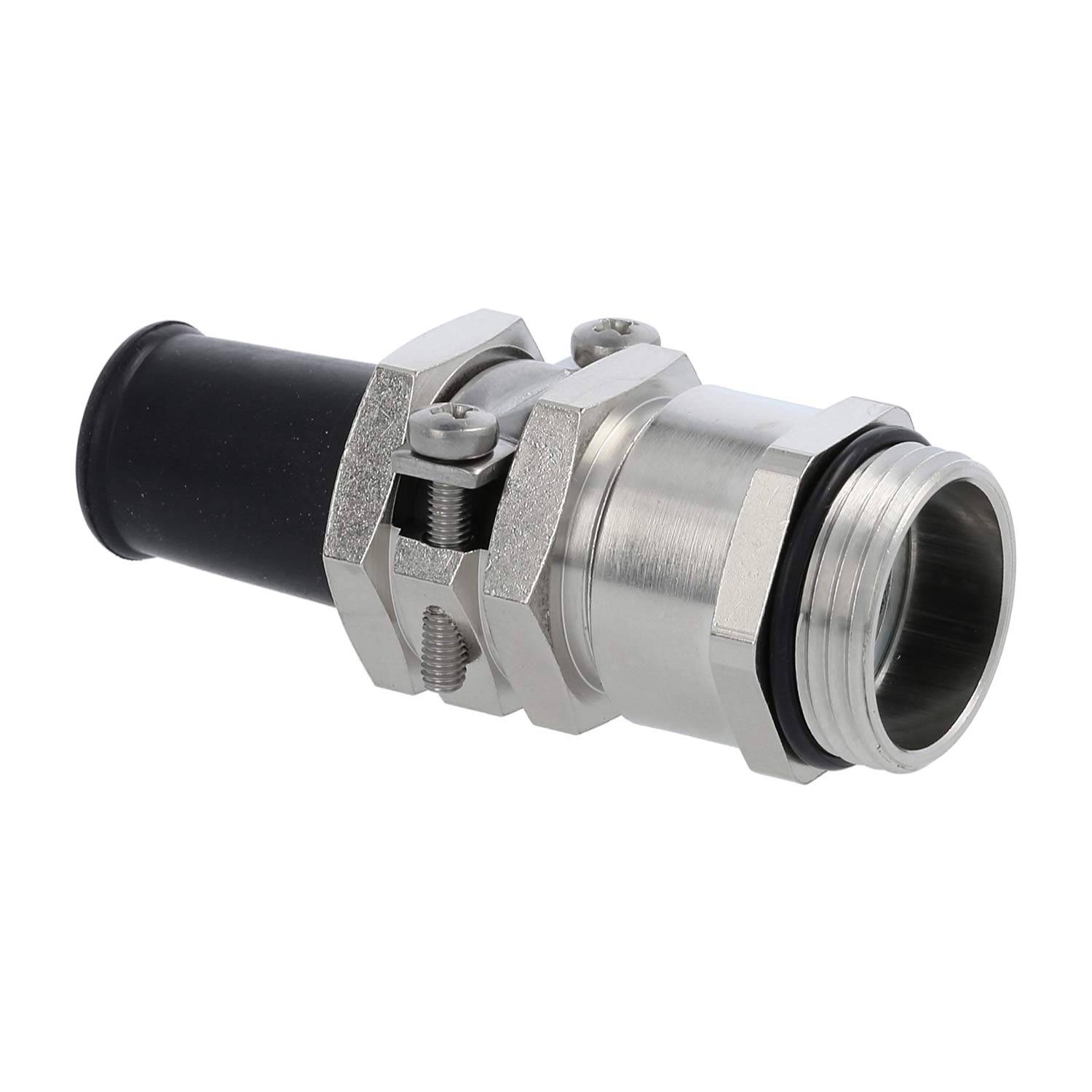 Eine Kabelverschraubung aus Metall mit einer Gummidichtung, die zum Sichern von Kabeln und zur Zugentlastung dient, in einer Seitenansicht.