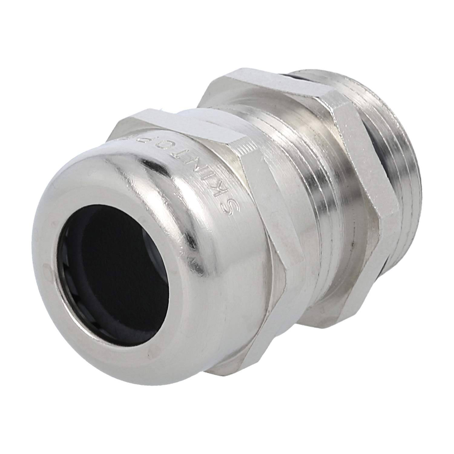 Eine Metall-Kabelverschraubung, die für die Befestigung von Kabeln in elektrischen Installationen verwendet wird und durch ihre Gewindestruktur eine einfache Montage ermöglicht.