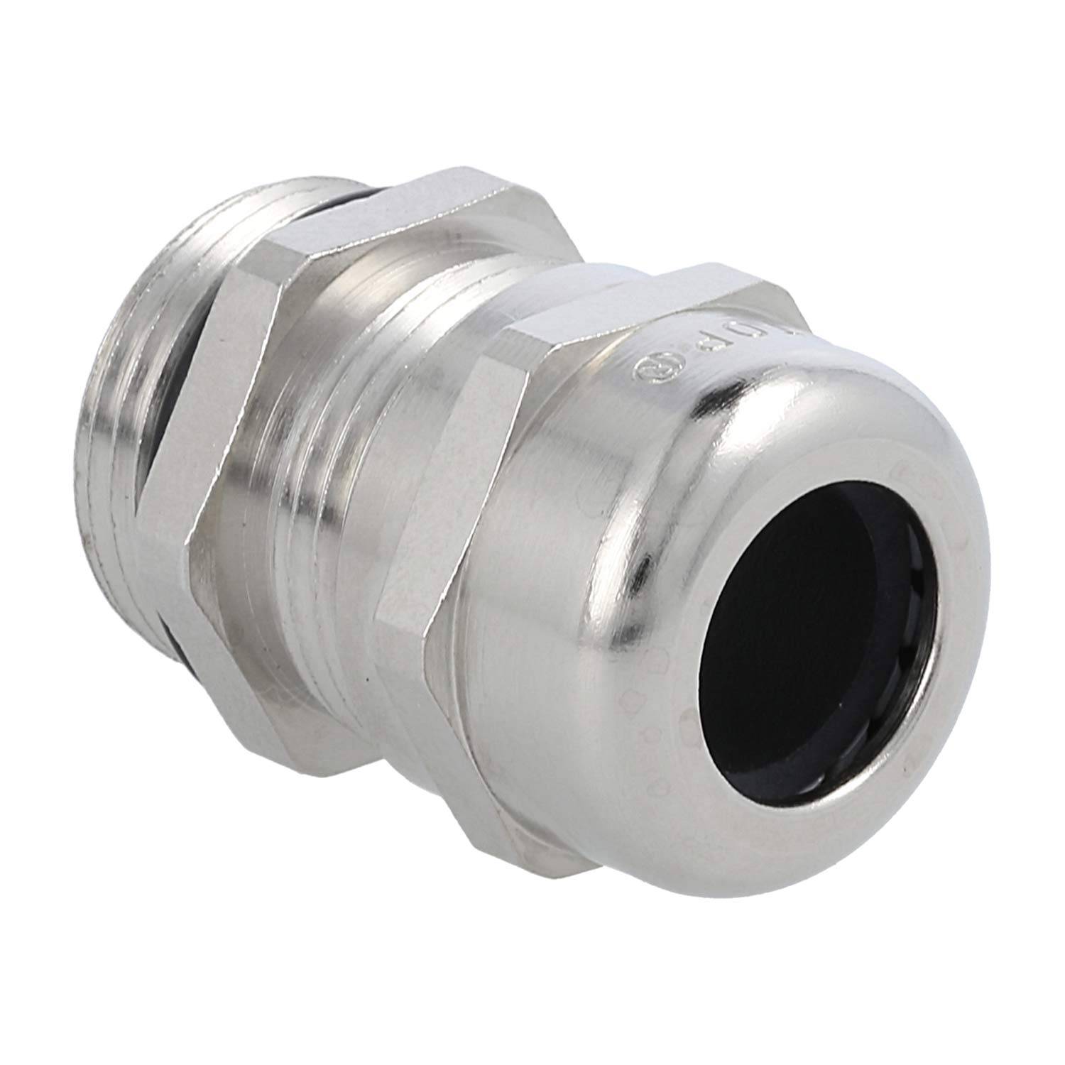 Metall-Kabelverschraubung zum Sichern von Kabeln mit einer Gewindemutter und einem glatten, zylindrischen Körper, die für industrielle Anwendungen konzipiert ist.