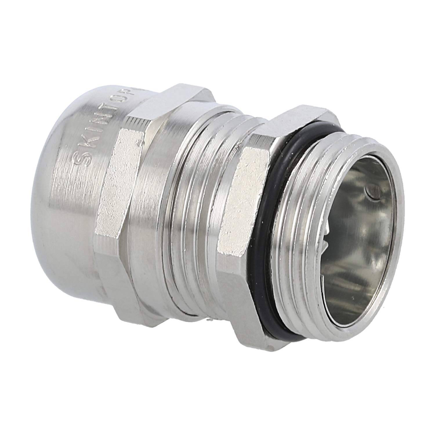 Ein metallischer, zylindrischer Verbinder mit Gewindeenden und einem schwarzen Dichtungsring, wahrscheinlich für industrielle oder elektrische Anwendungen verwendet.
