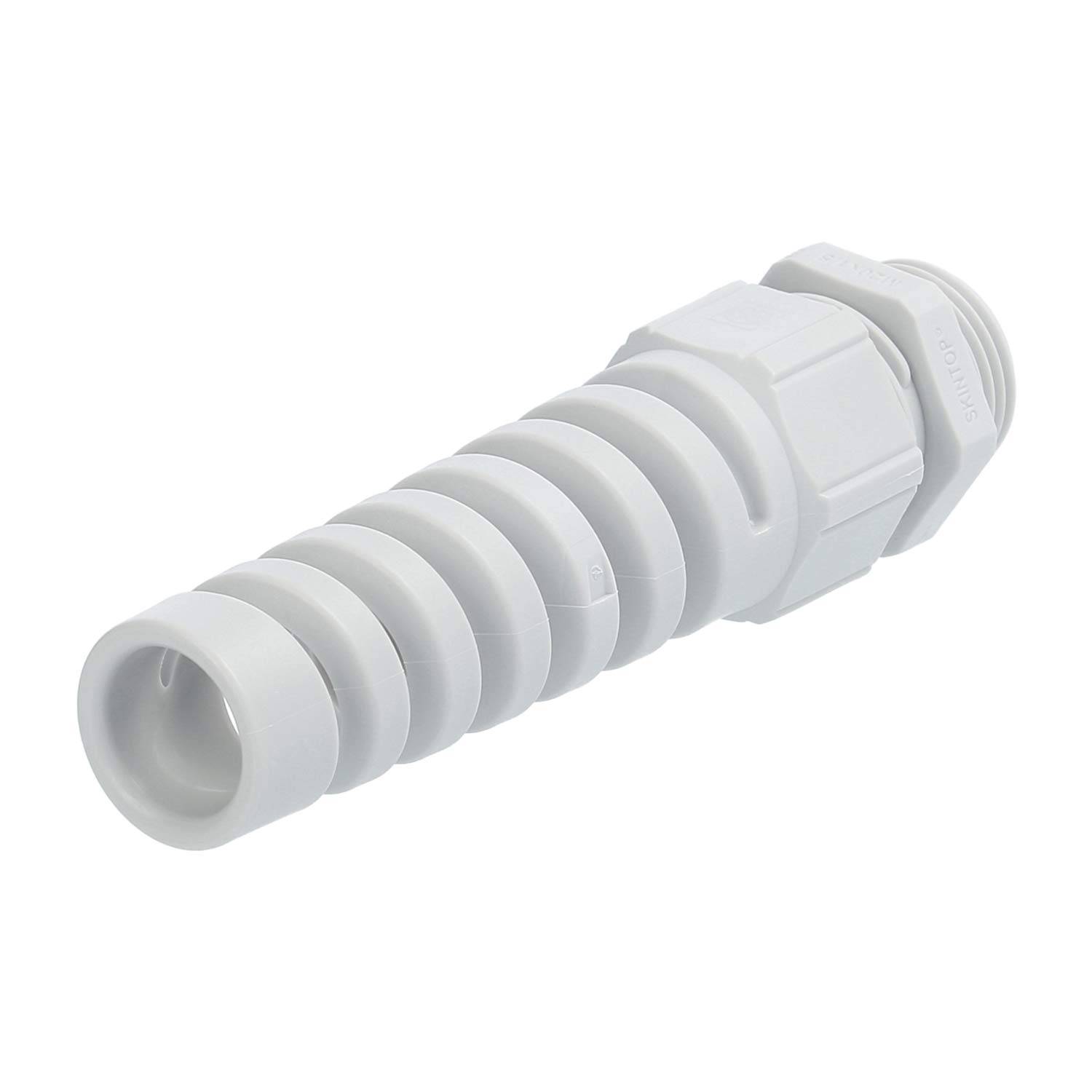 Weiße Kabelverschraubung mit flexiblem Spiralschutzschlauch zum Schutz und zur Organisation von Kabeln.