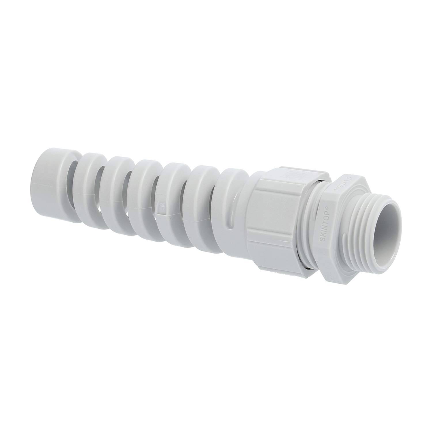 Grauer flexibler Leitungsschutzbogen mit einer gewundenen Konstruktion und Gewindeende, verwendet zur Sicherung und Verbindung von Rohrleitungen in elektrischen Anwendungen.