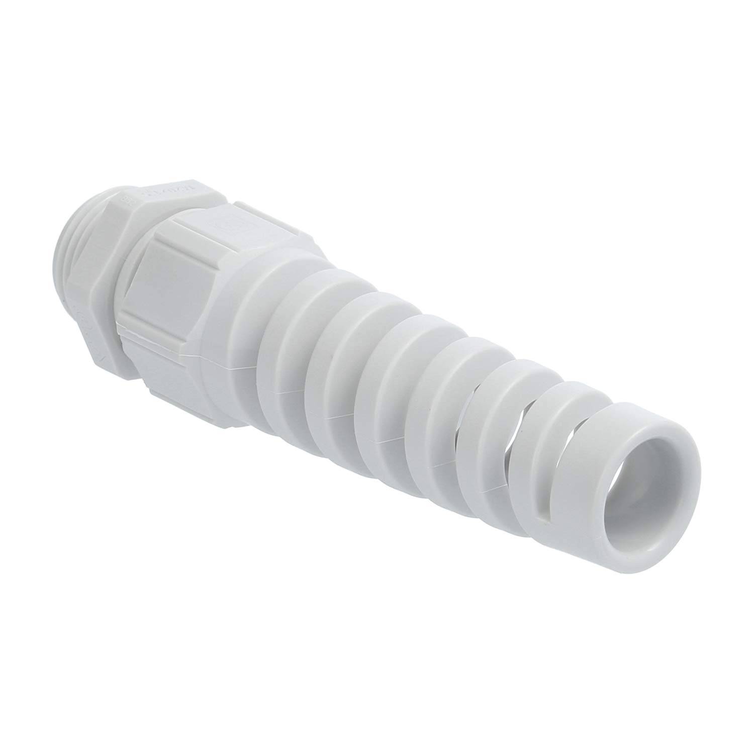 Eine weiße, zylindrische Kabelverschraubung mit einer gerippten, flexiblen Konstruktion, die zum Sichern und Schützen von Kabeln beim Eintritt in elektrische Geräte verwendet wird.