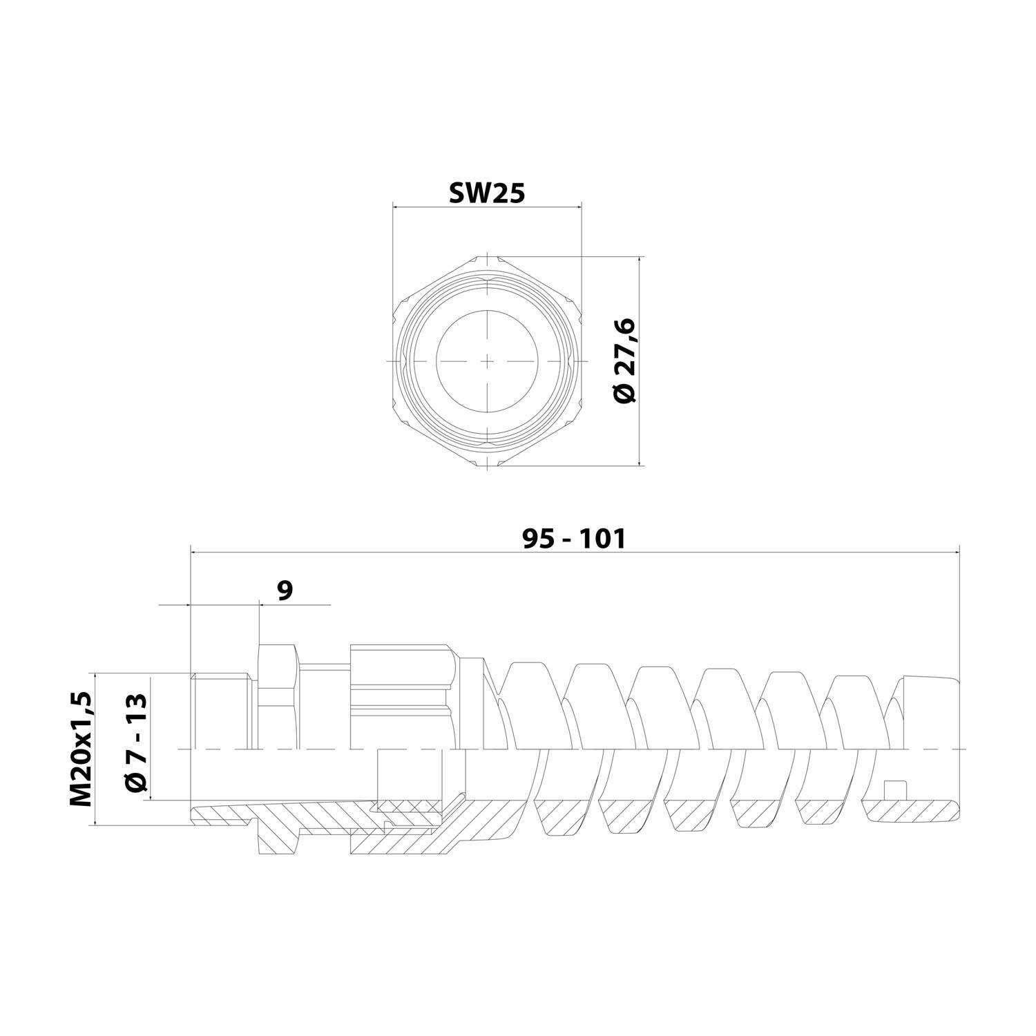 Technische Zeichnung einer Gewindebauteils mit Maßen: Durchmesser 27,6 mm, Länge 95-101 mm, und Gewindegröße M20x1,5.