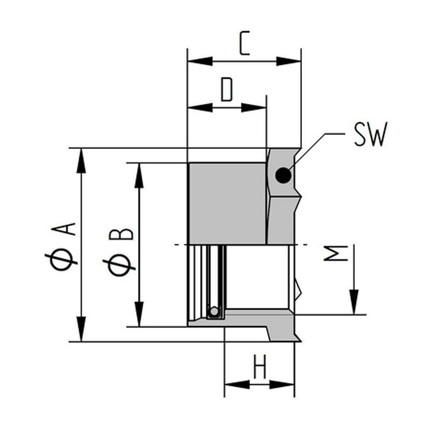 Technische Zeichnung einer mechanischen Dichtung. Sie zeigt beschriftete Abmessungen: A, B, C, D, SW, M, H, mit Pfeilen, die Messpunkte anzeigen.
