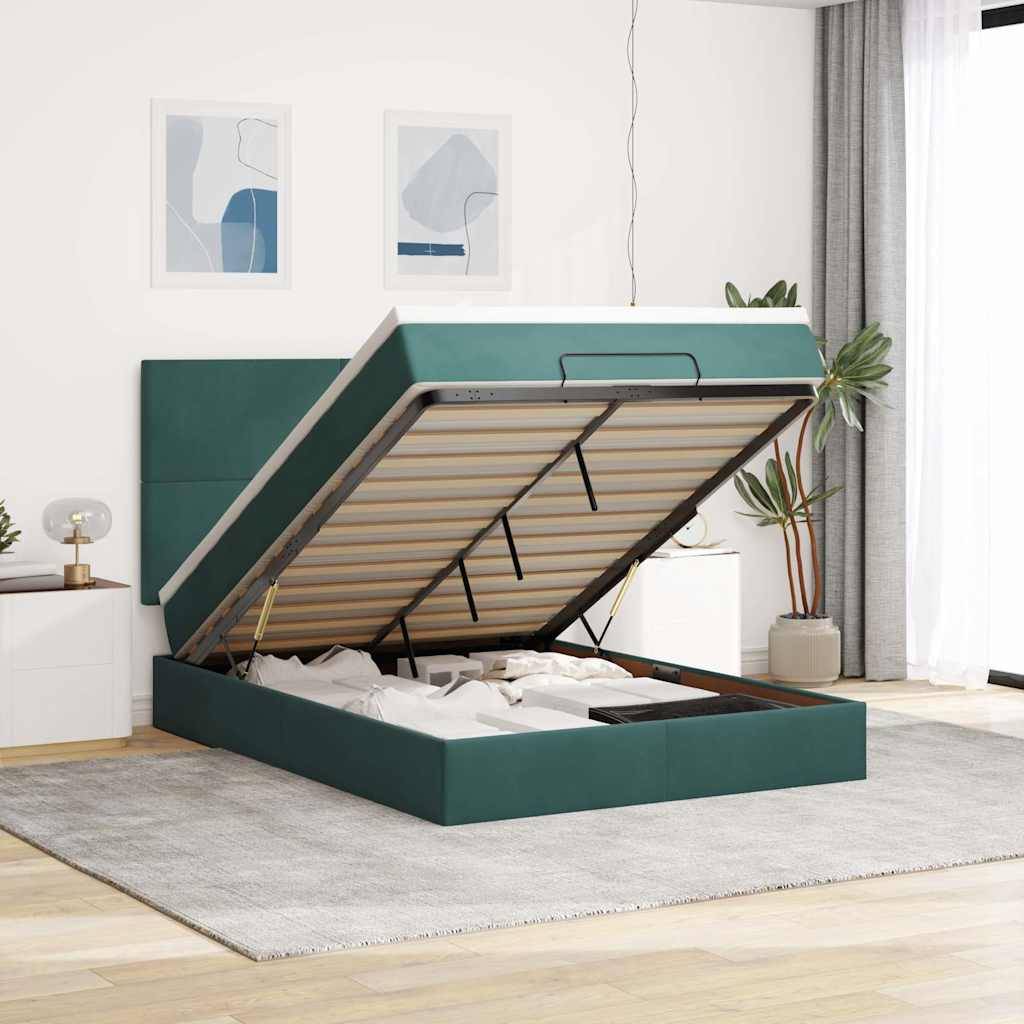 vidaXL Ottoman-Bett mit Matratzen & LEDs Dunkelgrün 140x190 cm Samt