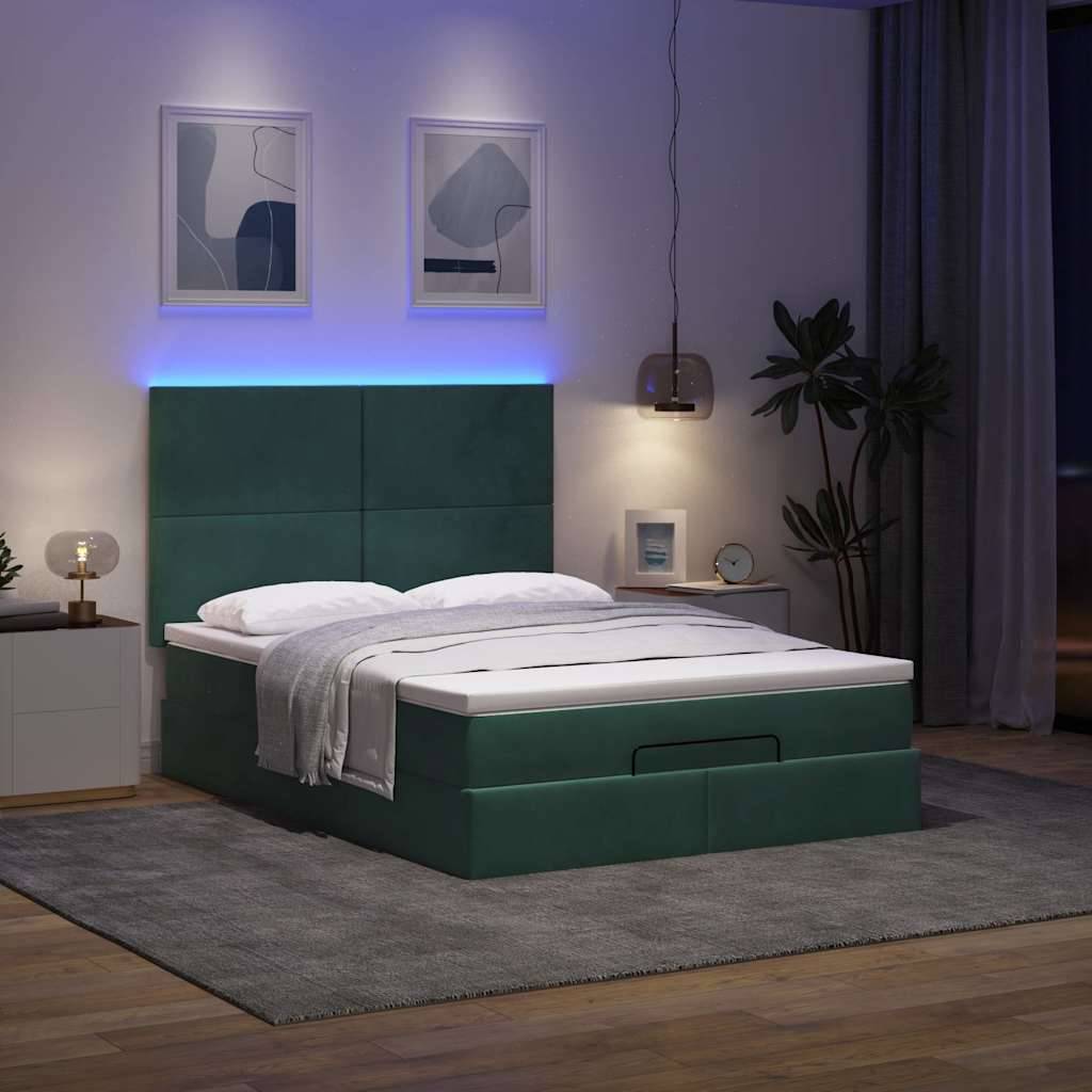 vidaXL Ottoman-Bett mit Matratzen & LEDs Dunkelgrün 140x190 cm Samt