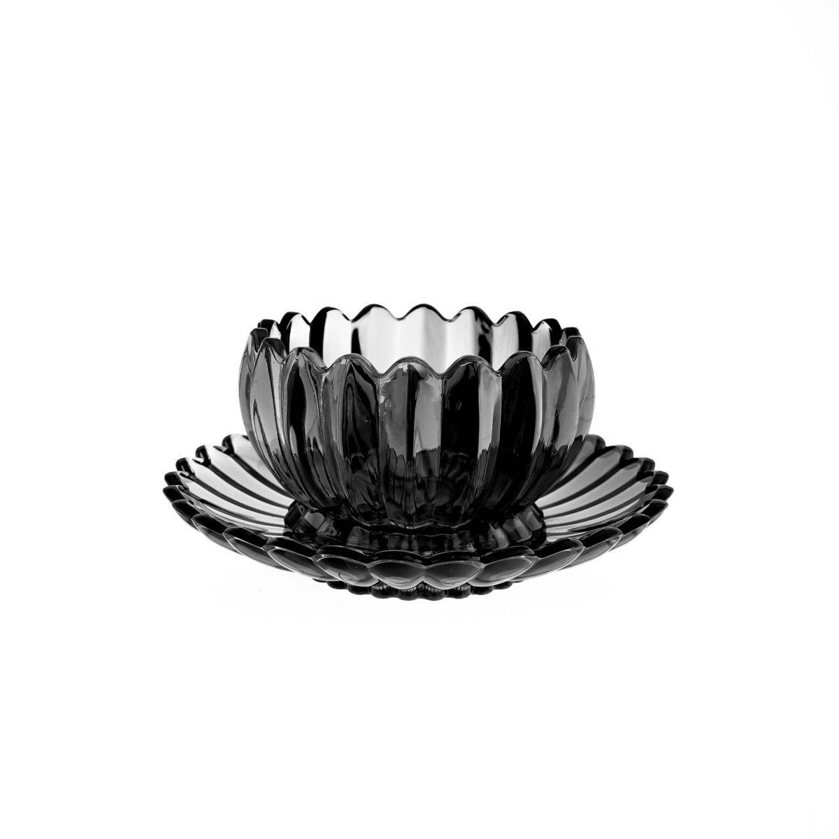 Dessertgläser mit Unterteller, 12-teiliges Glasschalenset - Lotus Design Schwarz