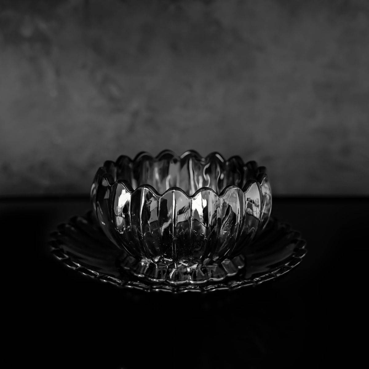 Dessertgläser mit Unterteller, 12-teiliges Glasschalenset - Lotus Design Schwarz