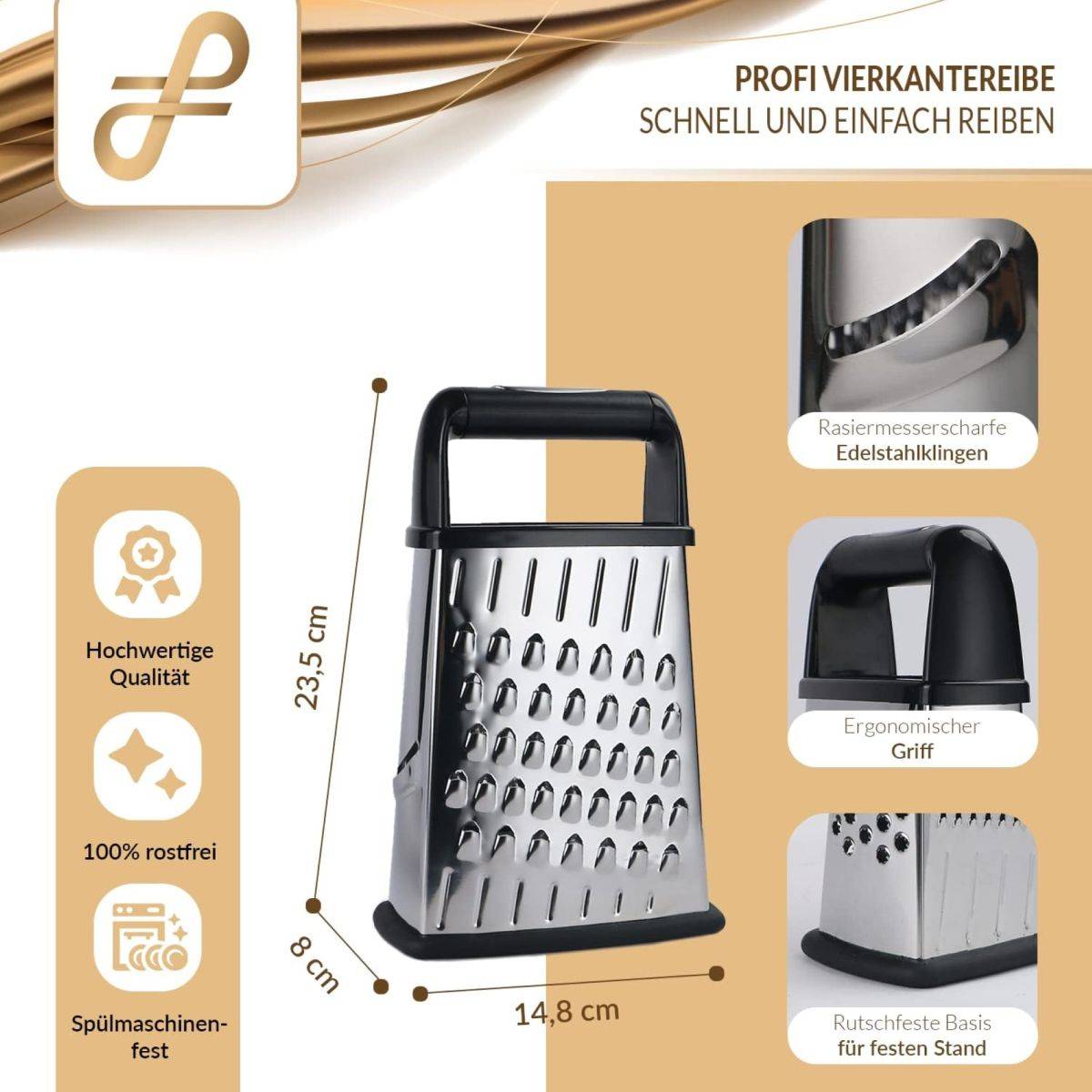 Küchenreibe aus Edelstahl - Scharf, Vielseitig & mit Auffangschale