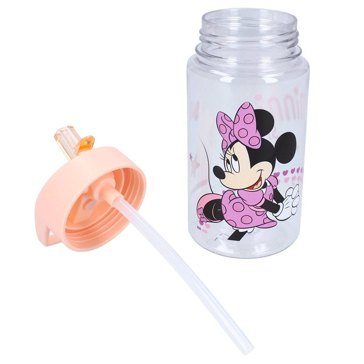 Disney Minnie Mouse Flasche Trinkflasche 450 ml Transparent mit Strohhalm