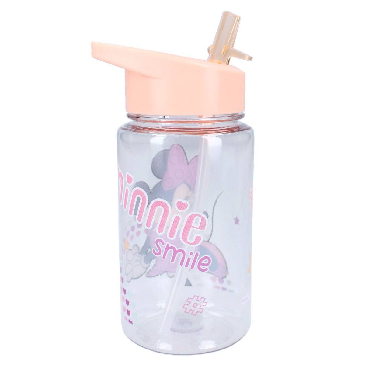 Disney Minnie Mouse Flasche Trinkflasche 450 ml Transparent mit Strohhalm