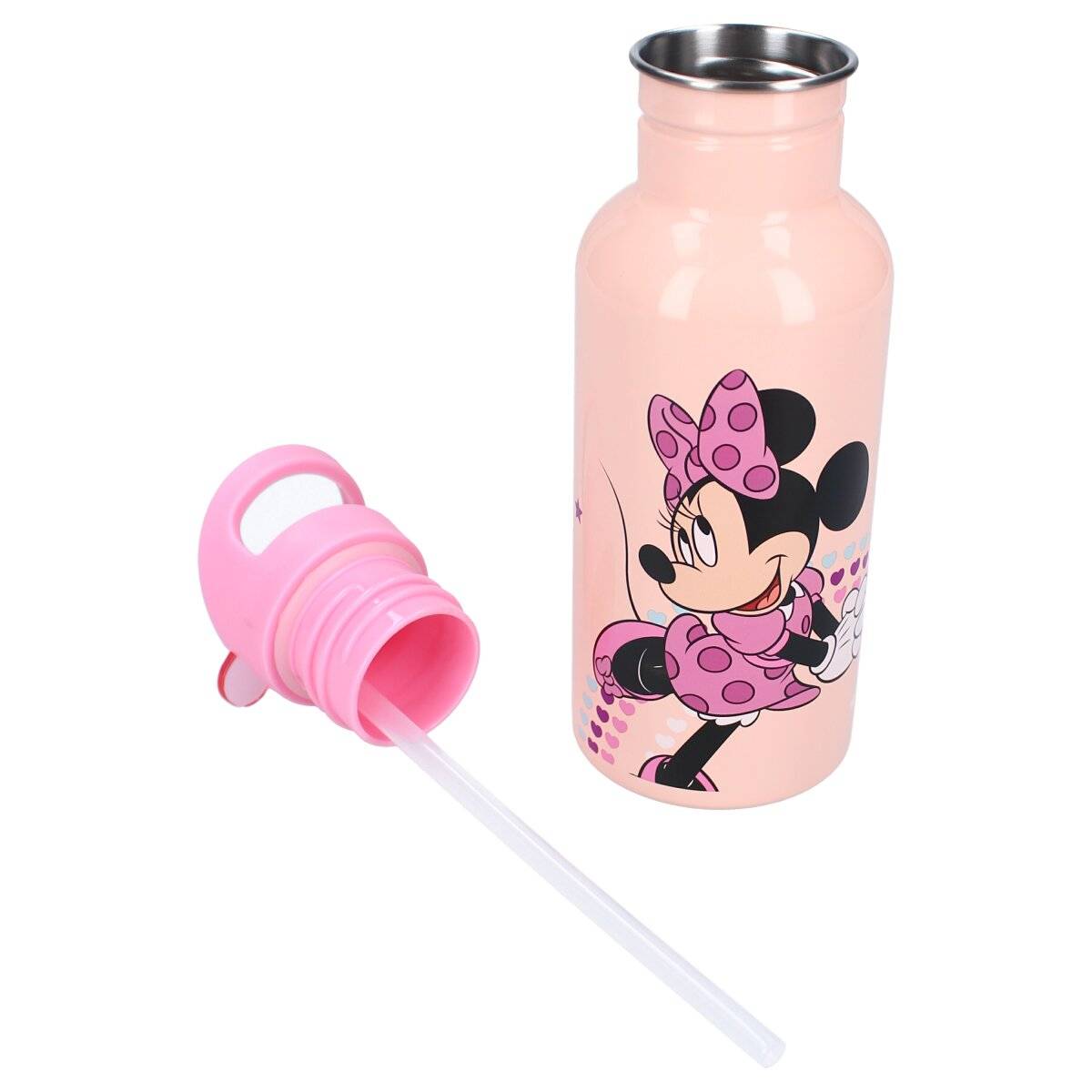 Disney Minnie Mouse Trinkflasche 500 ml aus Edelstahl mit Drehverschluss und praktischem Strohhalm