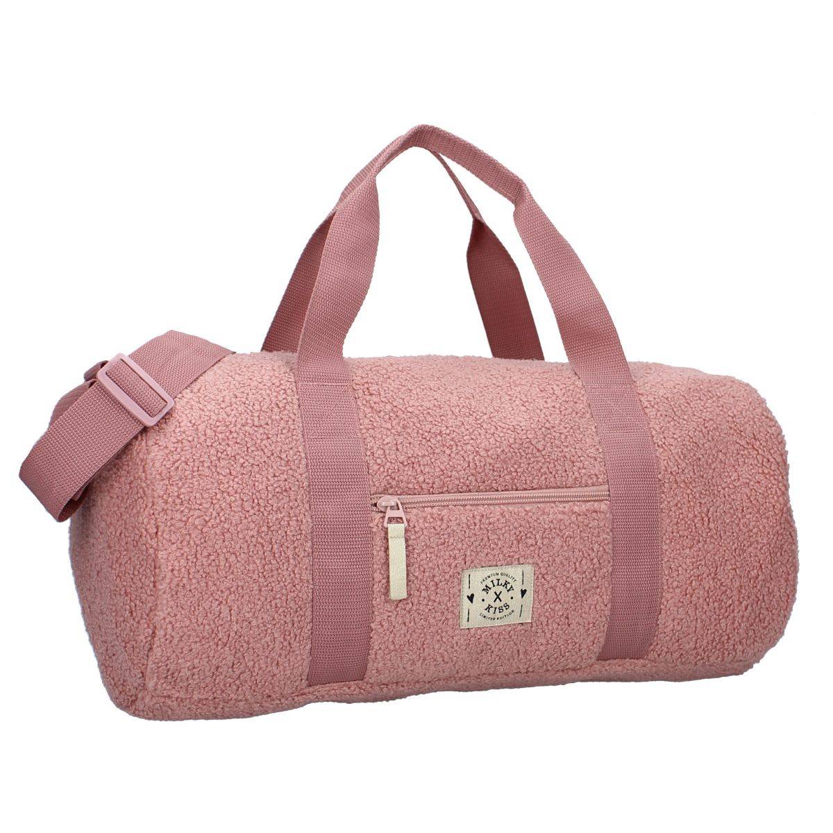 Milky Kiss Fanciful Sporttasche Luxus-Teddy-Stoff, Reißverschluss & pinkfarbener Ball