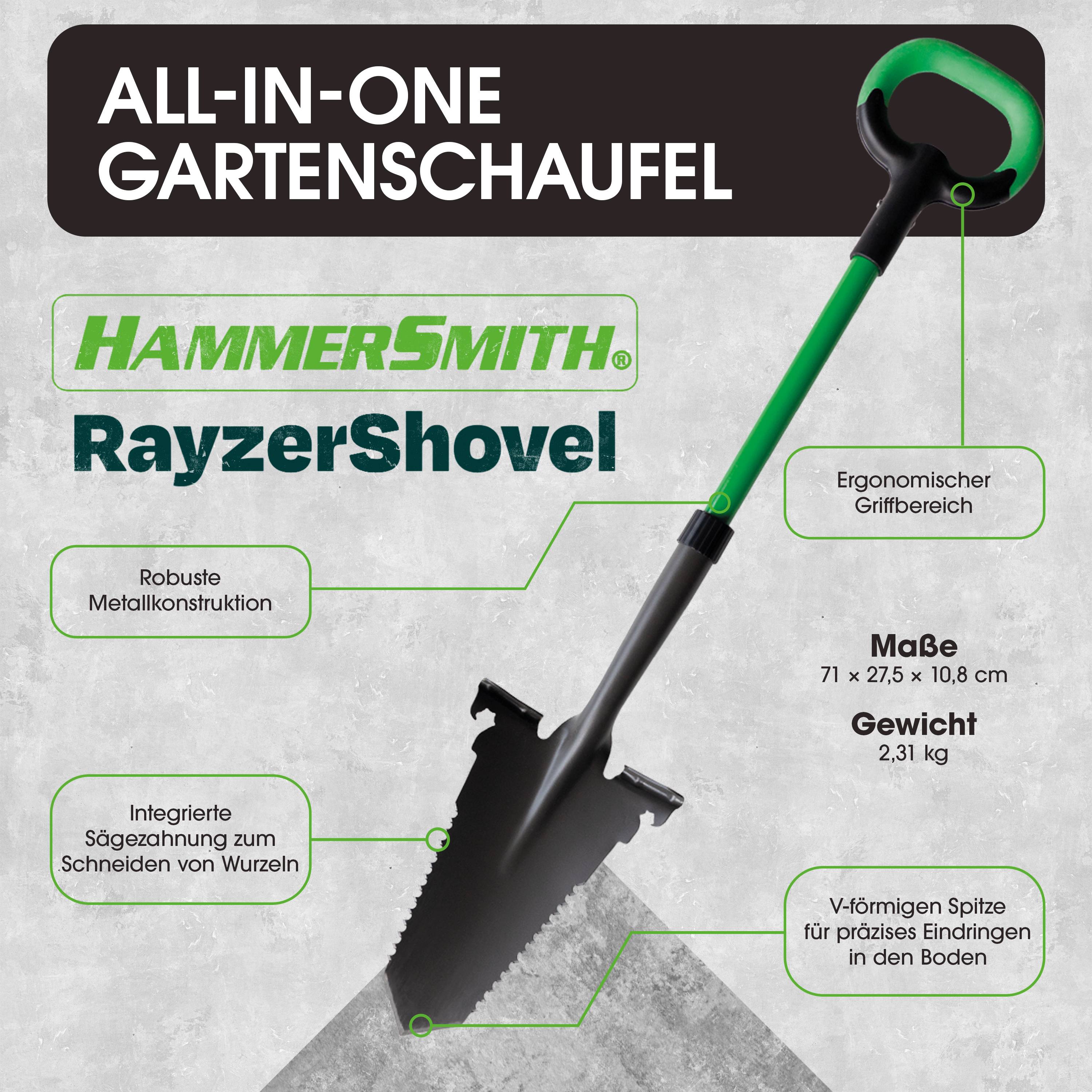 Hammersmith RayzerShovel - Spaten mit Wurzelsäge - Gärtnerspaten für harte & steinige Böden zum Graben, Schneiden & Sägen - Trittkante für mehr