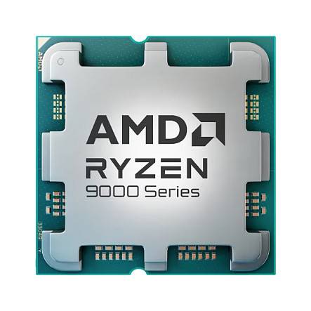 Ein silberner AMD Ryzen 9000 Series Prozessorchip mit sichtbaren Pins und einer metallischen Oberfläche, auf der der Produktname und das Logo angezeigt werden.