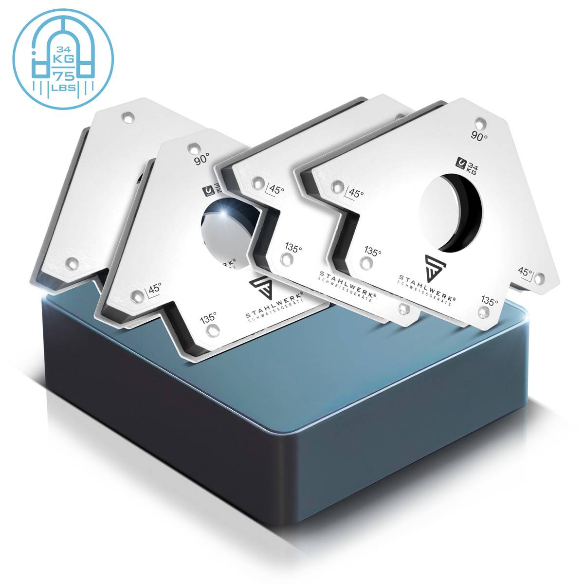 STAHLWERK Magnet-Schweißwinkel 45° x 90° x 135°, 34 kg / 75 lbs 4er Set