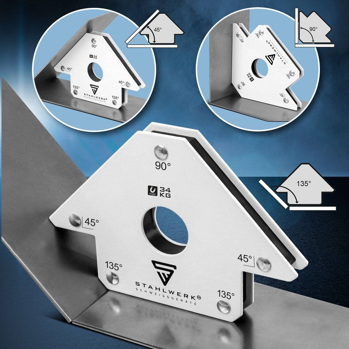 STAHLWERK Magnet-Schweißwinkel 45° x 90° x 135°, 34 kg / 75 lbs 4er Set