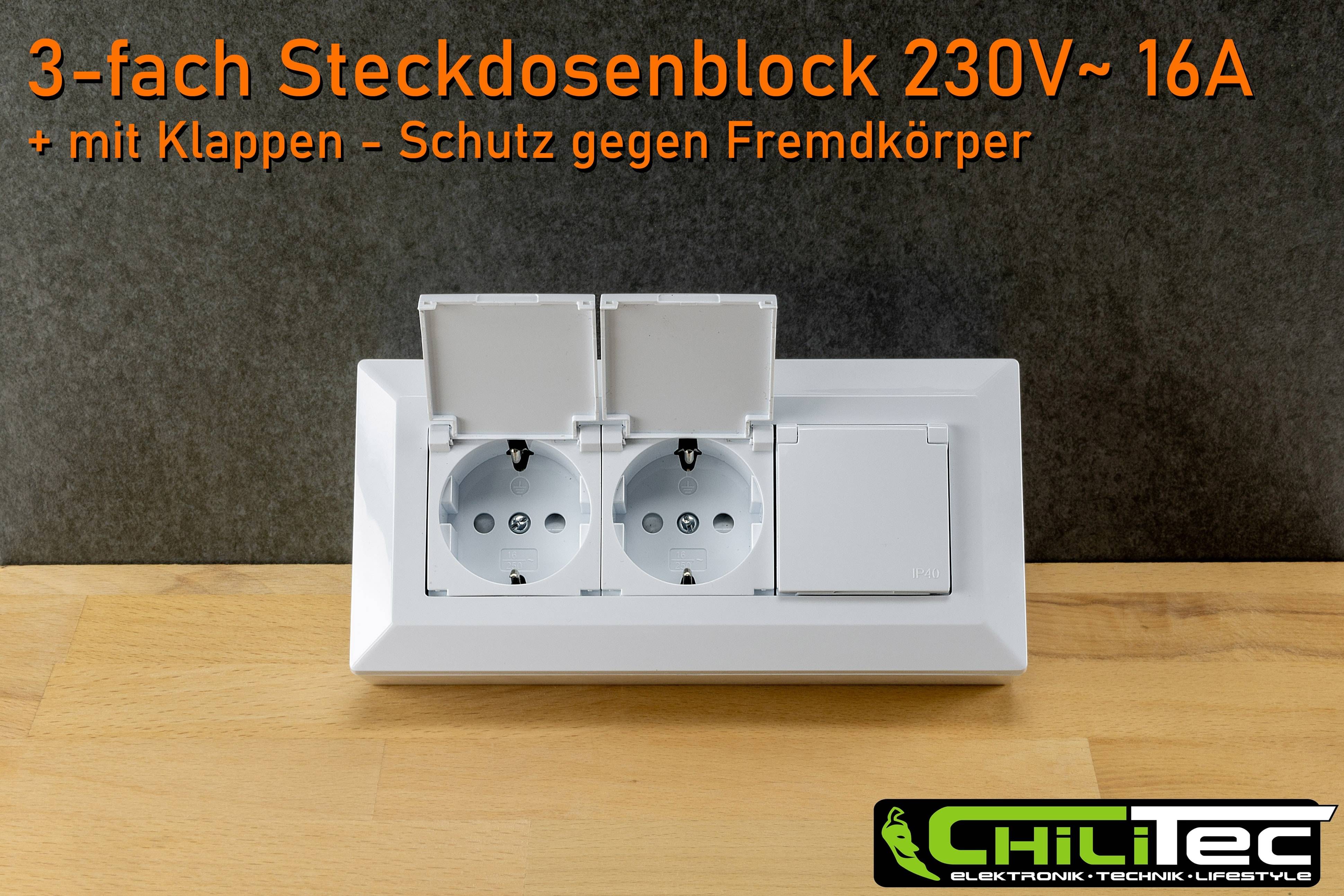 3-Fach Steckdosenblock 230V~ mit Klappen – Schutz gegen Fremdkörper. Doppelte Steckdosen mit Sicherheitsabdeckungen, die Schutz bieten.