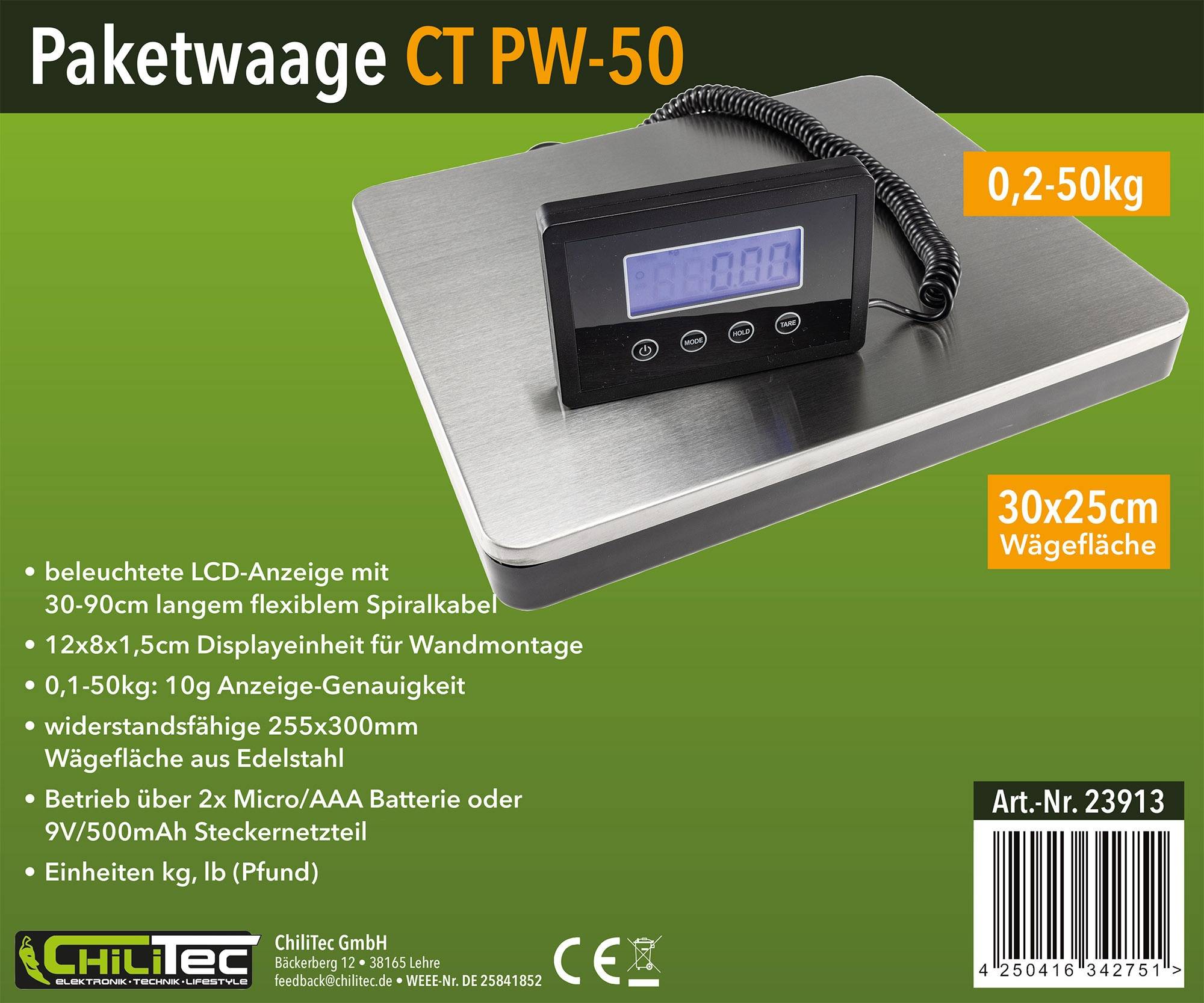 CHILITEC Paketwaage / Versandwaage CT PW-50, 0,1...50 kg, 30x25 cm