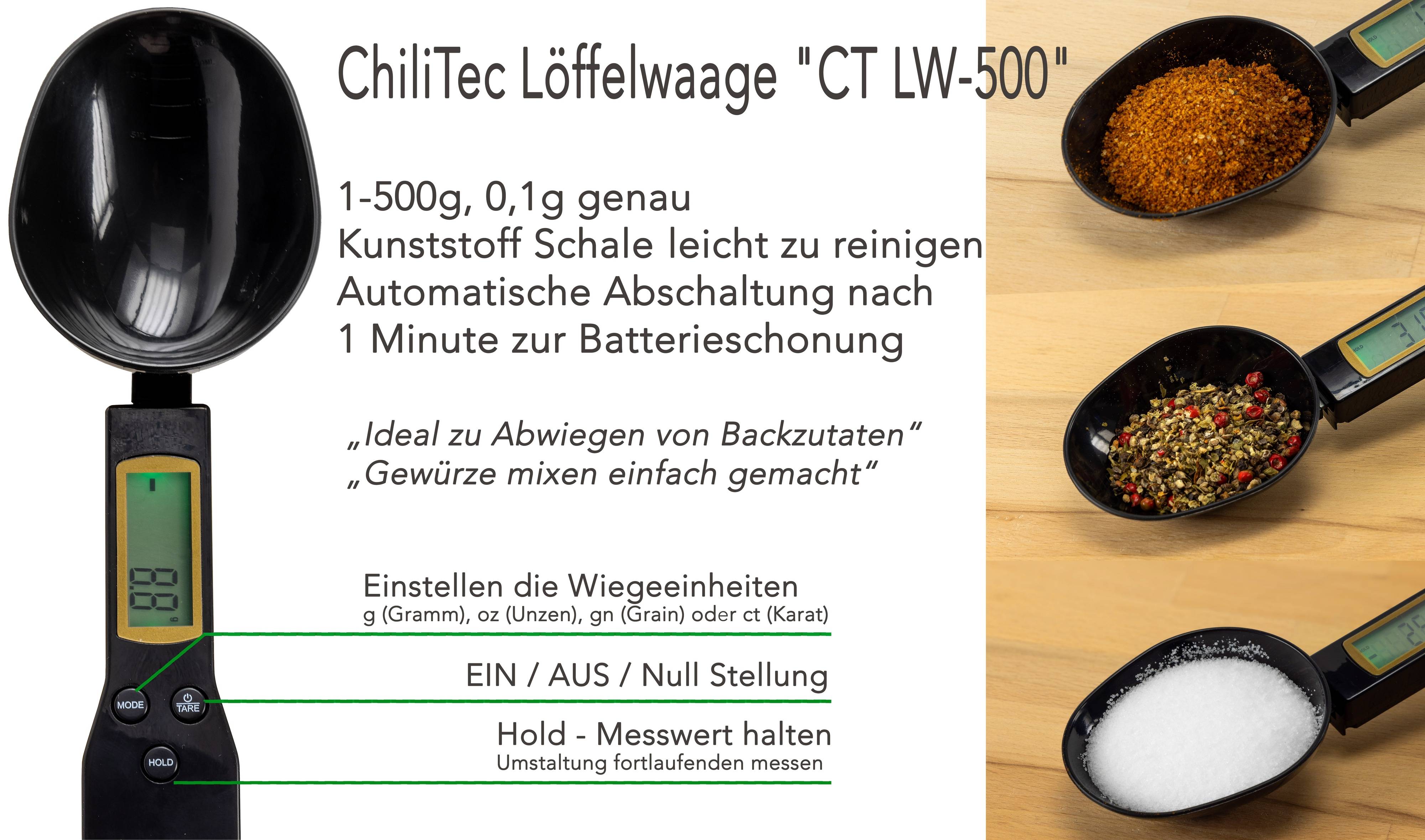 CHILITEC Digitale Löffelwaage CT LW-500, 1...500 g, 0,1 g genau, schwarz