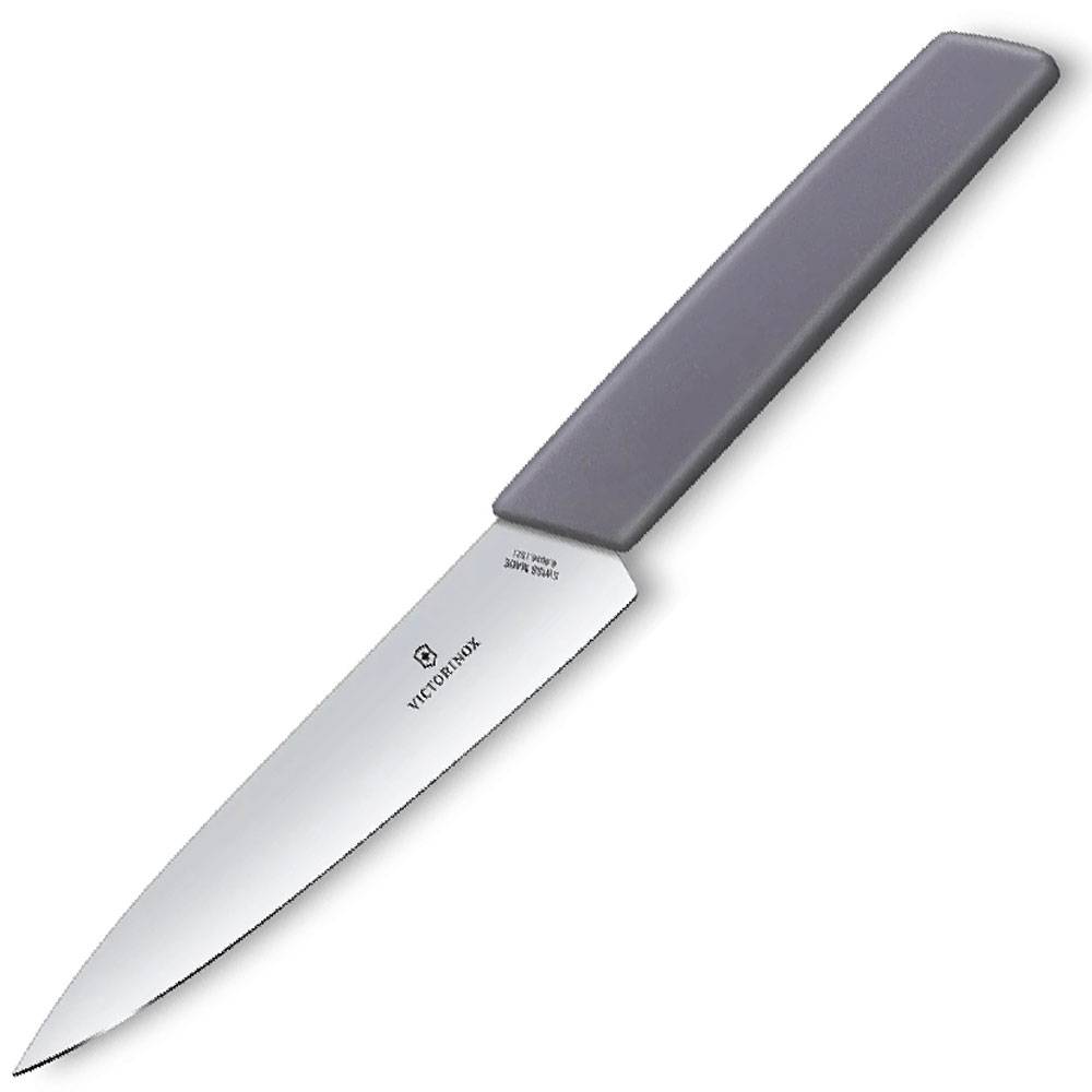 Kochmesser aus Edelstahl mit dunkelgrauem Griff auf weißem Hintergrund.