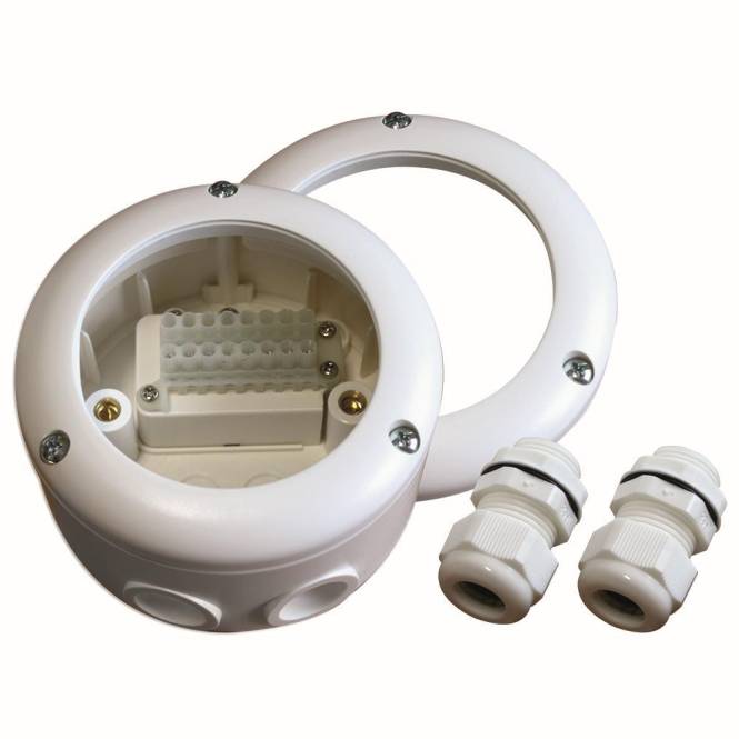 Rundliche wasserdichte elektrische Verteilerdose mit mehreren Kabeleintrittsöffnungen und zwei Kabelverschraubungen für sichere Verdrahtungsverbindungen.