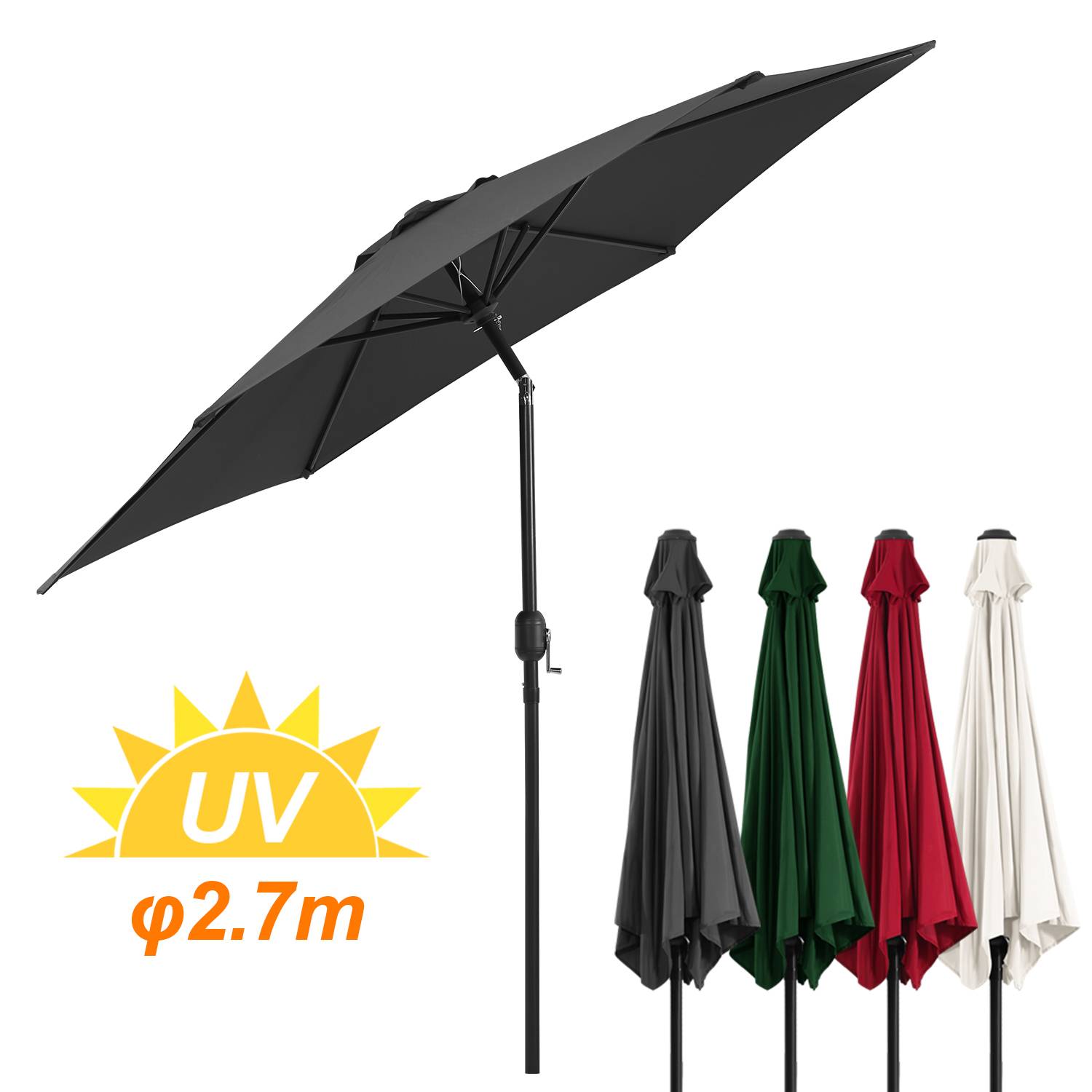Sonnenschirm Balkon 270cm UV Schutz 40+ Strandschirm Neigbar Wasserabweisend Aluminium Windöffnung Gartenschirm, Grau