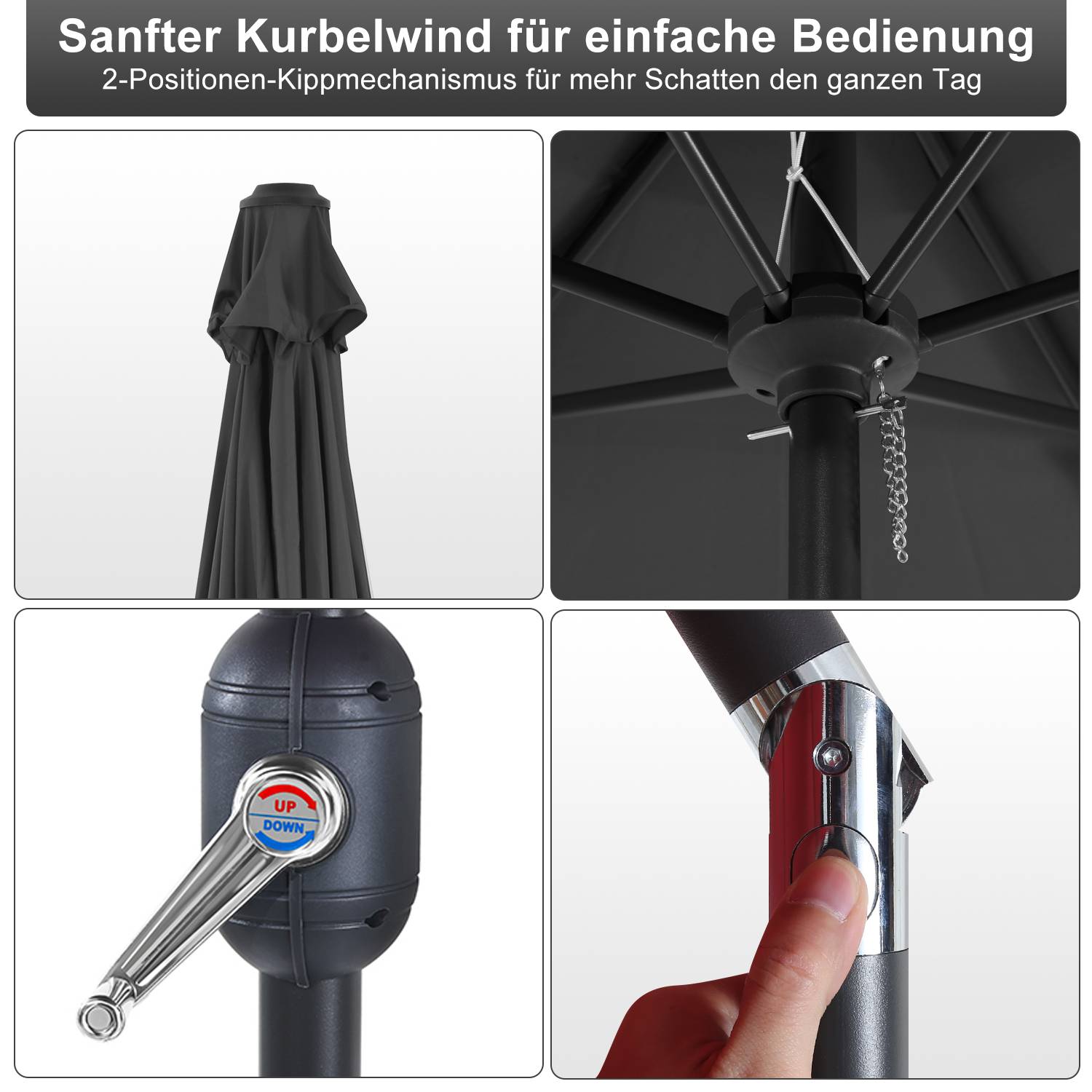 Sonnenschirm Balkon 270cm UV Schutz 40+ Strandschirm Neigbar Wasserabweisend Aluminium Windöffnung Gartenschirm, Grau