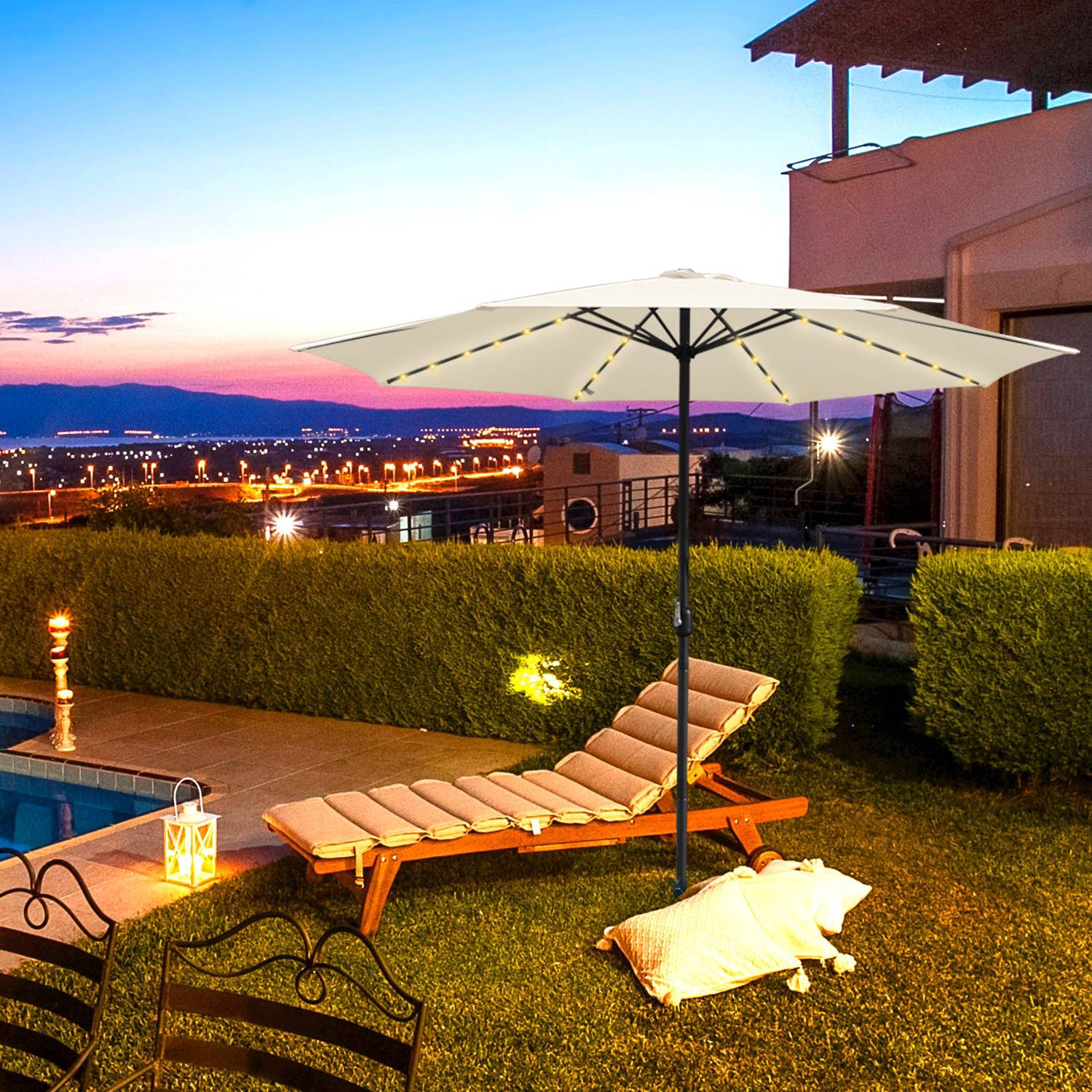 Sonnenschirm Ø350cm inkl. LED Gartenschirm 360° drehbar Terrassenschirm Ampelschirm Marktschirm Strandschirm - mit LED - Beige