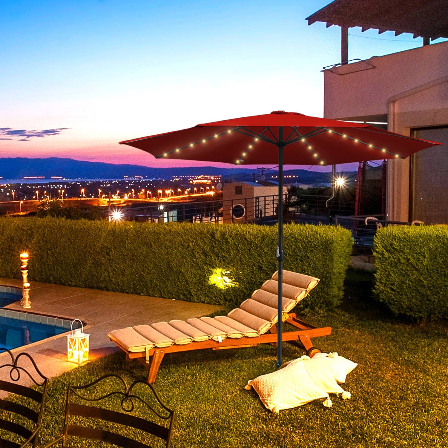 Sonnenschirm Ø350cm inkl. LED Gartenschirm 360° drehbar Terrassenschirm Ampelschirm Marktschirm Strandschirm - mit LED - Rot