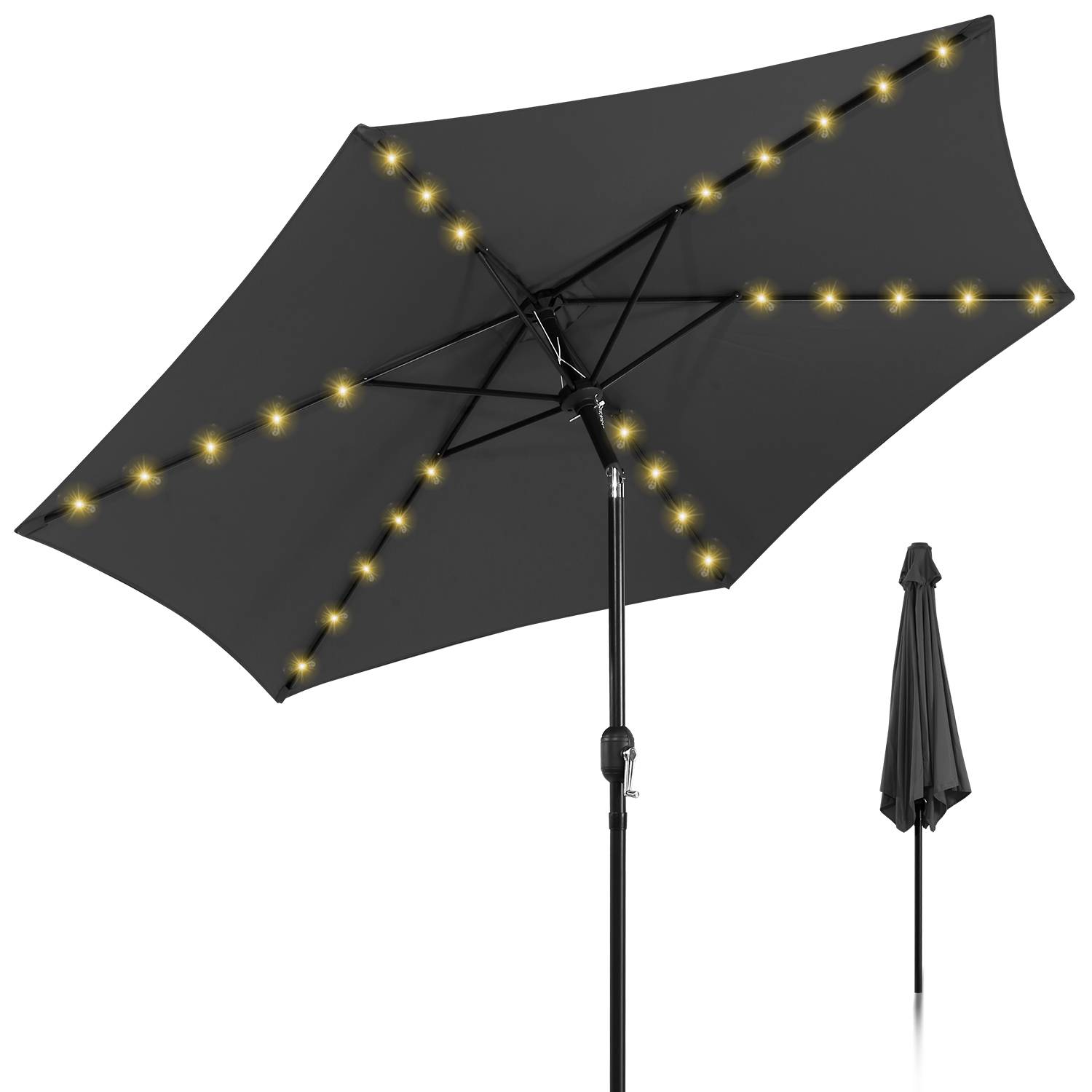 Sonnenschirm Ø350cm inkl. LED Gartenschirm 360° drehbar Terrassenschirm Ampelschirm Marktschirm Strandschirm - mit LED - Grau